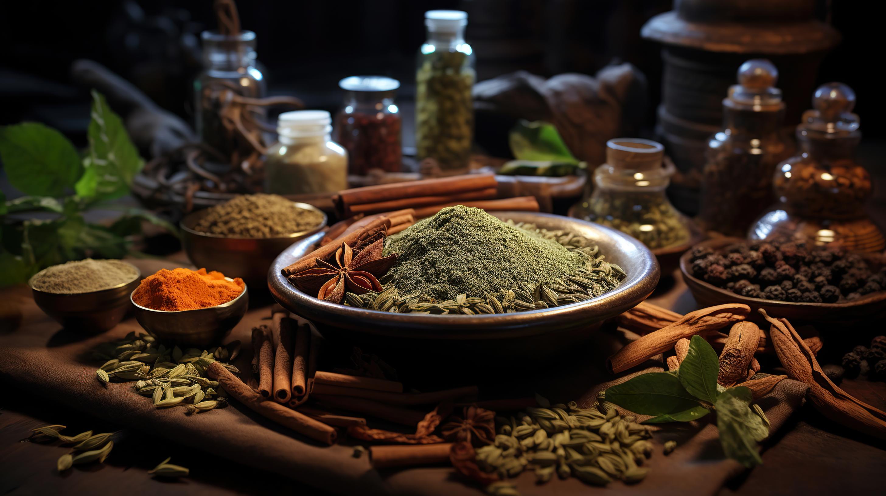 Fresh Ayurvedic herbs in a sunlit forest
